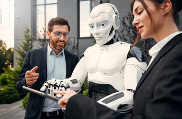 Young man and woman business partners in suits with a tablet standing together with a robot and discussing work against the background of a building. The future with artificial intelligence.